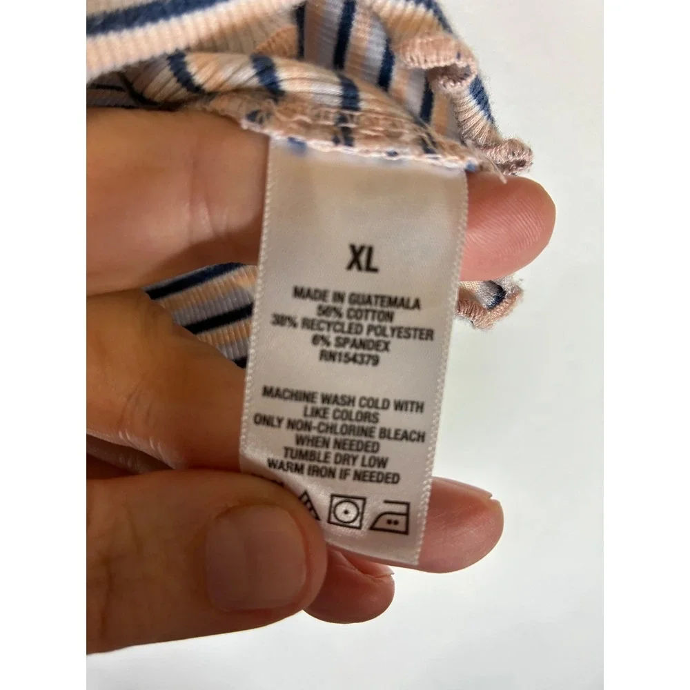 XL Pink Blue Striped Baby Tee Cropped Ribbed Lettuce Hem Y2K Coastal Top